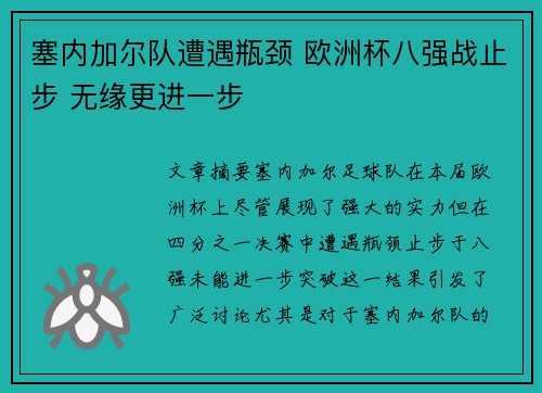 塞内加尔队遭遇瓶颈 欧洲杯八强战止步 无缘更进一步